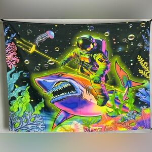Astronaut Riding A Shark Neon Under Blacklight Tapestry 40”x30”